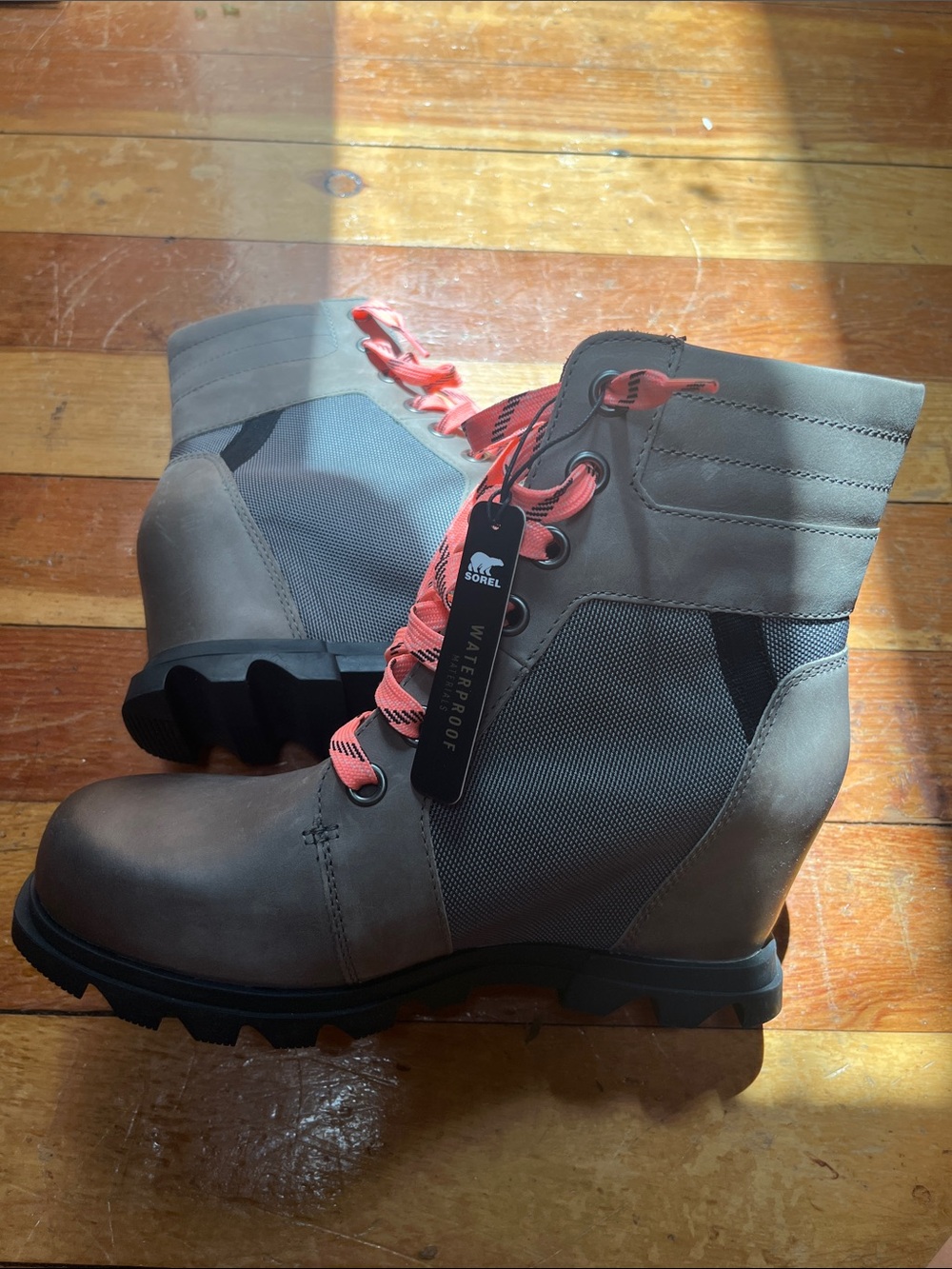Sorel Taupe Ankle Boots with Coral Pink Laces